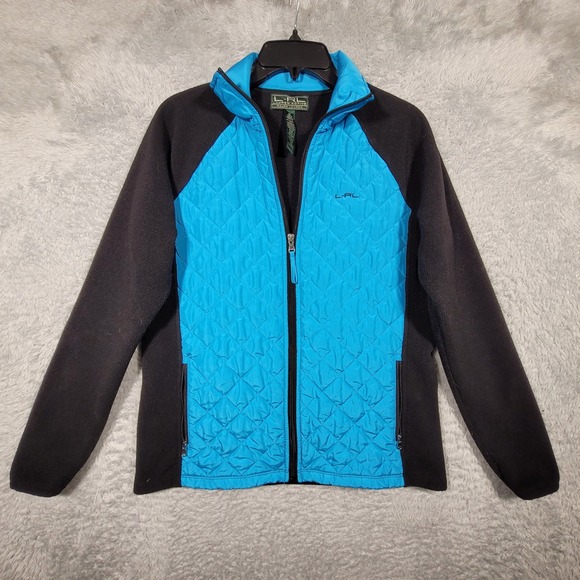 LRL Active Ralph Lauren Fleece Jacket Full Zip Quilted Blue Black Womens Medium - Picture 1 of 9